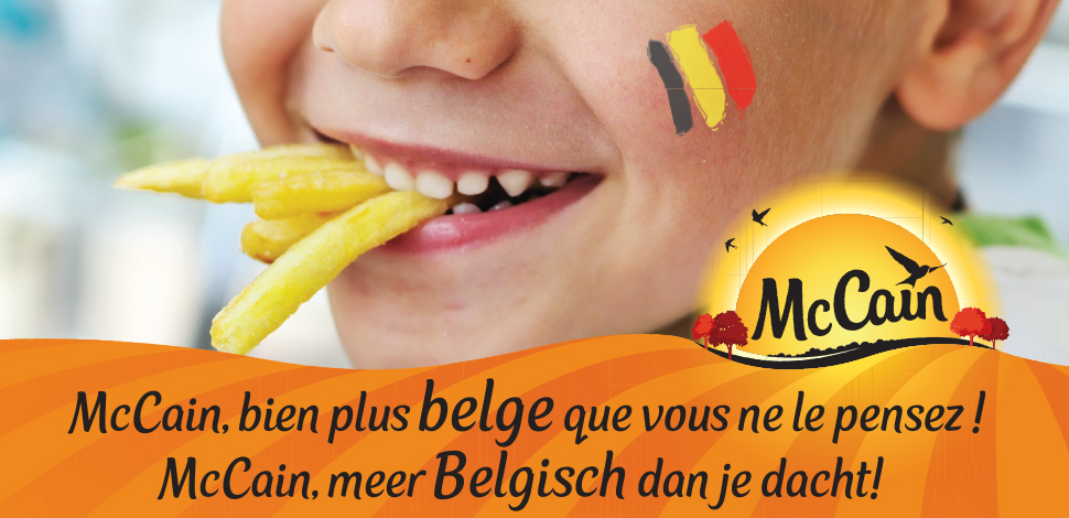 Key visual : enfant qui sourit avec des frites dans la bouche + drapeau belge dessiné sur la joue
